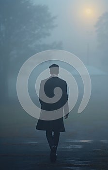 handsome young asian man wearing a elegant suite. walking away in the fog.