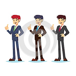 Handsome young businessman color set holding up index finger and giving advice. Attractive manager speaking idea. Modern