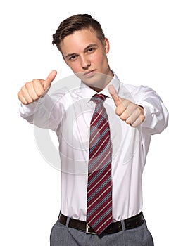 Handsome young businessman shows thumbs gesture  on white