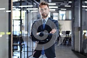 Handsome young businessman standing in modern office