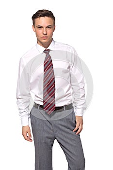 Handsome young businessman in white shirt isolated on white