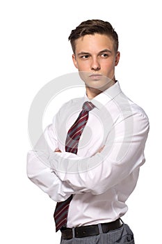Handsome young businessman in white shirt isolated on white