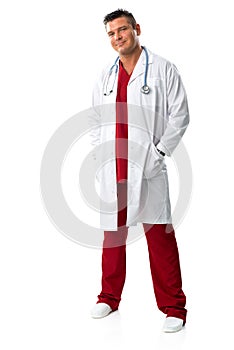 Handsome young doctor in medical gown,