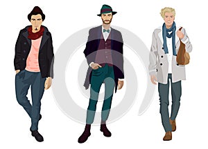 Handsome young guys in fashion and casual clothes isolated.