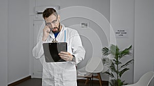 Handsome young hispanic male doctor fervently discussing medical diagnosis over smartphone, immersed in reading crucial documents