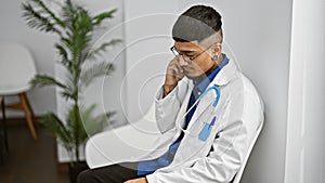 Handsome young latin doctor seriously involved in an online conversation on his smartphone, sitting in the clinic\'s waiting room