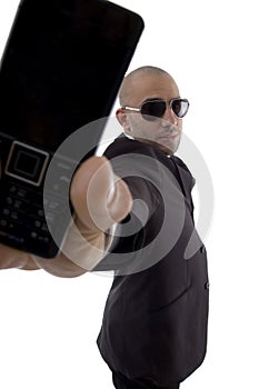 Handsome young lawyer showing his cell phone