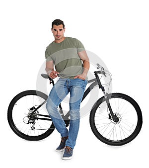 Handsome young man with  bicycle on white background