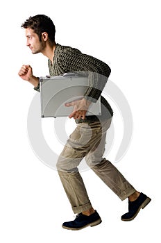 Handsome young man with briefcase running, isolated