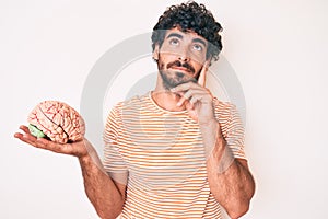 Handsome young man with curly hair and bear holding brain as mental health concept serious face thinking about question with hand