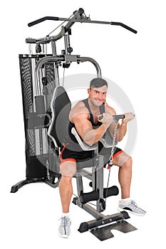 Handsome young man doing lateral pull-down workout isolated on white