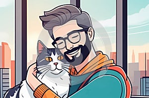 Handsome young man hugs cat