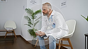 Handsome young man, a serious-faced doctor, texting on smartphone while relaxedly sitting in clinic\'s waiting room chair immersed