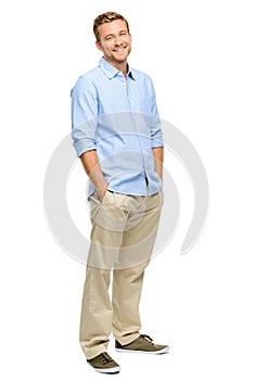 Handsome young man smiling full length white background