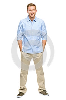 Handsome young man smiling full length white background