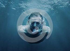 Handsome young man swimming underwater.