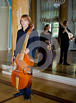 Handsome young musician play viola da gamba in palace