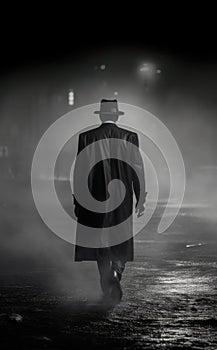 handsome young mysterious gangster. Noir, vintage, retro man walking away in a dark night city.