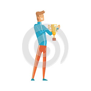 Handsome young sportsman holding winner trophy. Lucky guy. Cartoon male character in sport clothing with golden cup in