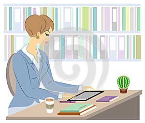 Handsome young teacher. The girl is sitting at the table near the window. A woman writes in a class journal. Vector illustration