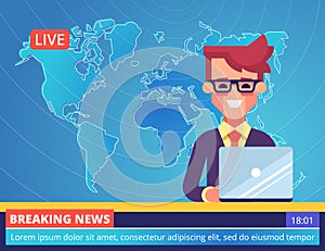 Handsome young tv newscaster man reporting breaking news sitting in a studio with world map on background. Vector.