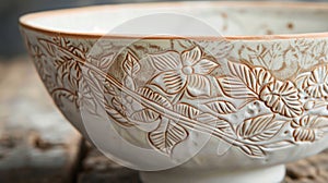 A handstamped pottery bowl with the makers signature adorned with intricate botanical designs.