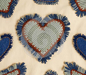 HandStitched Blue Hearts Rustic Textile Pattern Crafted Fabric Design for Decor Vintage Charm Creative Projects Textured Embroide