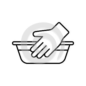 Handwash icon, delicate laundry. Linear emblem of hand and washbowl with water. Black simple illustration of washing mode of