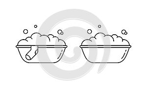 Handwash linear icon. Outline vector of plastic washing basin with foam, soap bubble, sock