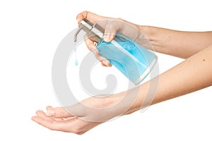 Handwashing with blue liquid soap