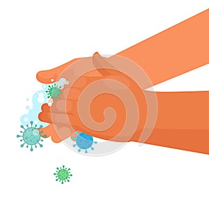 Handwashing illustration with microbes on white background
