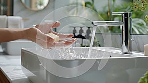 handwashing at modern sink with running water in bright bathroom