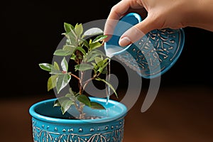 Handwatering potted plant with watering can for optimal soil hydration and growth