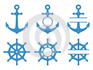 Handwheel and anchor icons. Sea ship. Vector monograms set isolated