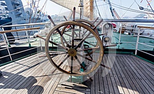 Handwheel of sailing ship `Pallada`. Sailing ship equipment, control and navigation tools. Russia, Vladivostok