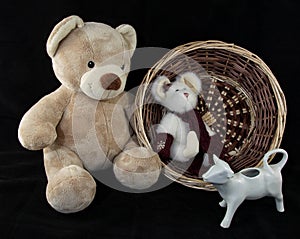 Handwoven Basket with Teddy Bear, Bunny, and Cow