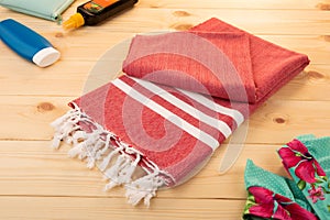 Handwoven red hammam Turkish cotton towel
