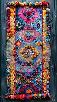 A handwoven tapestry with a vibrant ethnic pattern hangs against a dark wooden background, showcasing cultural art.