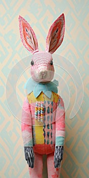 Handwoven Textile Inspired Pink Bunny In Yellow Jumpsuit