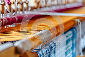Handwoven textiles on traditional loom. Artisan fabrics production