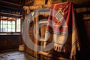 a handwoven towel hanging on an antique nail in a log cabin