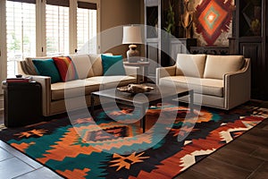 handwoven, tribal-inspired rug with bold, contrasting colors