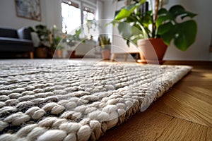 Handwoven wool rug with textured pattern in room