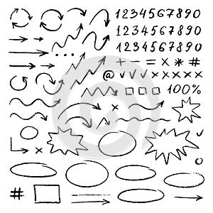 Handwrite elements on white background. Numbers, arrows, symbols and signs