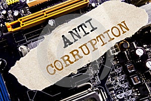 Handwriting Announcement text showing Anti Corruption. Business concept for Bribery Corrupt Text Written on sticky note, computer