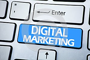 Handwriting Announcement text showing Digital Marketing. Business concept for Business Strategy written on red key on the keybord