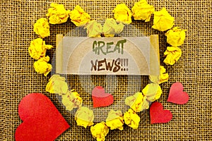 Handwriting Announcement text showing Great News. Concept meaning Success Newspaper Information Celebration written on Sticky Note