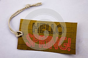 Handwriting Announcement text showing Hello Spring!. Business concept for online sale Summer Time Welcoming written on price tag p