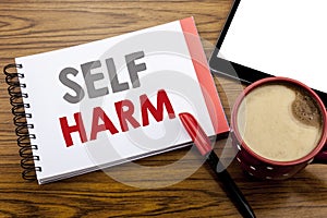 Handwriting Announcement text showing Self Harm. Business concept for Selfharm Mental Aggression Written on notepad note paper on