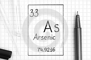 Handwriting chemical element Arsenic As with black pen, test tube and pipette